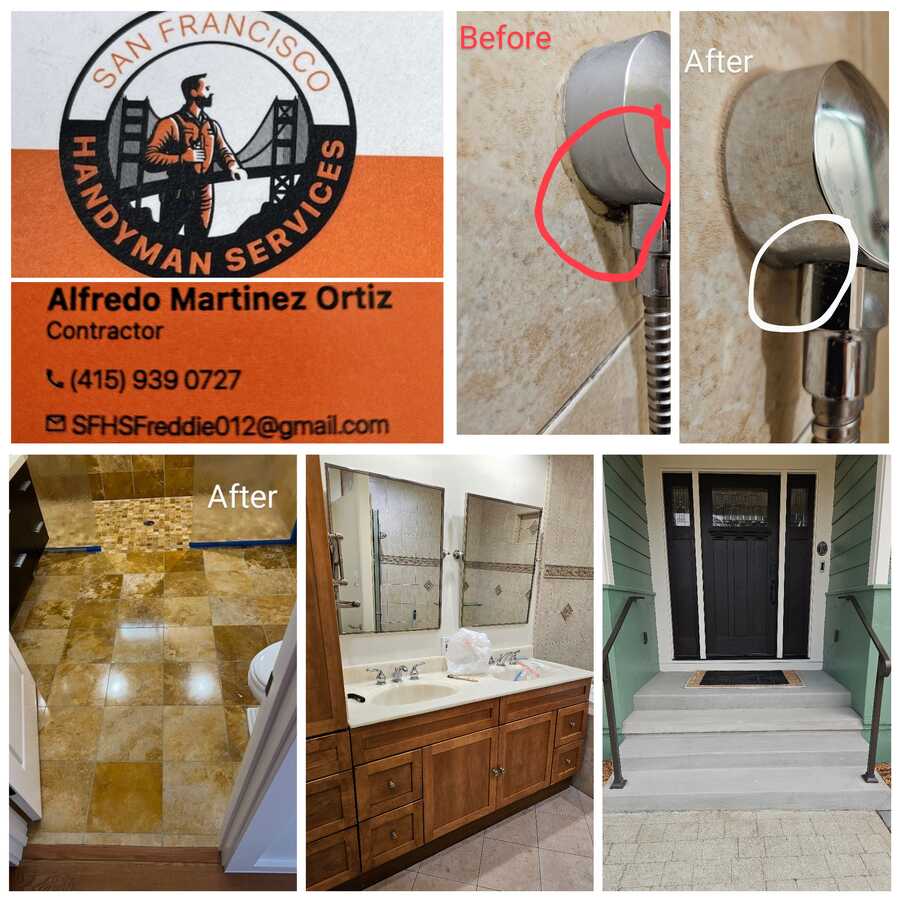Before and after photographs of shower fixture sealing, published by the business